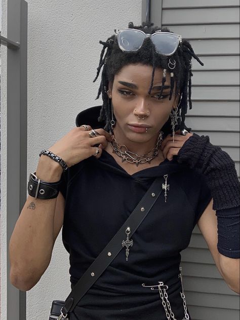 Alt Male Model, Men’s Hair Inspiration, Black Man Hair Drawing, Long Black Hairstyles For Men, Punk Black Hairstyle, Black Nonbinary Hairstyles, Black Masc Hairstyles, Punk Oc Male, Male Dreadlock Hairstyles