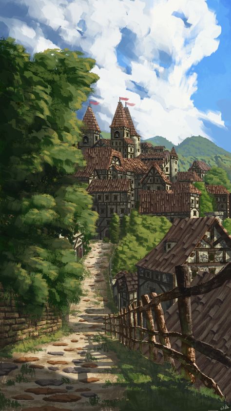 Farming Village Fantasy Art, Fantasy Farmland Landscape, Medieval Forest Village, Medivial Village Aesthetic, Fantasy Village Drawing, Medivial Village, Dnd Town Art, Forest Village Fantasy Art, Fantasy Village Art