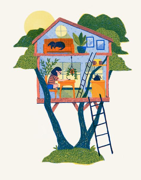 Treehouse Studio | Skillshare Projects House Illustration, Tree Illustration, Postcard Design, Online Class, Landscape Illustration, Vintage Stamps, Video Lessons, Childrens Illustrations, World Art