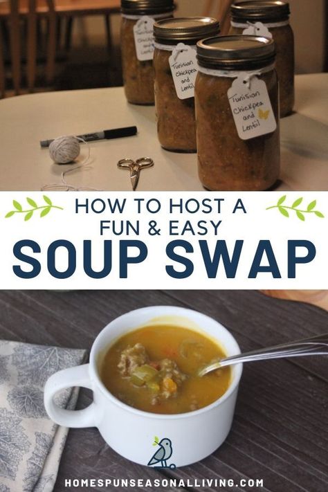 Gather your friends for a fun afternoon and swap homemade soup. Get ideas on how to organize this fun even that results in tasty meals for friends and family on our blog. #simpleliving #seasonalliving #diyideas Soup Group Ideas, Soup Exchange Party Ideas, Soup Swap Party Ideas, Soup Exchange Party, Soup Swap Party, Soup Party Ideas, Meals For Friends, Soup Swap, Soup Party