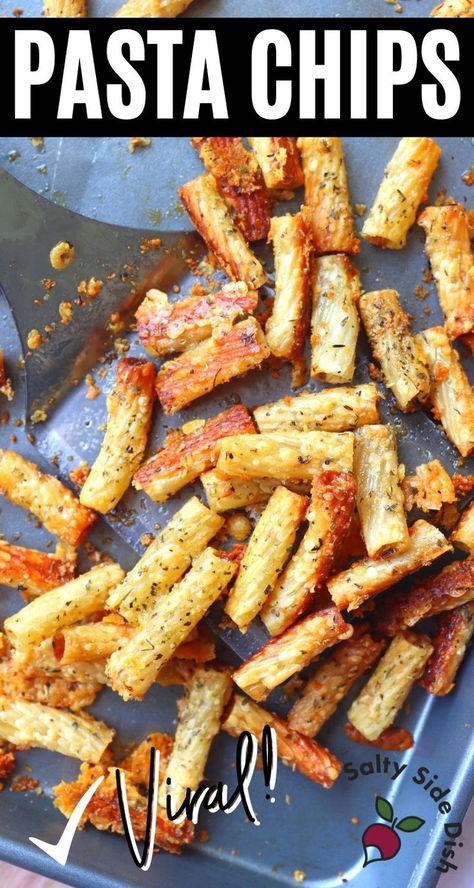 pasta chips on a sheet pan. Pasta Chips Oven Baked, Deep Fried Pasta Chips, Pasta Snacks Appetizers, Baked Pasta Chips, Oven Pasta Chips, Fried Pasta Recipes, Air Fried Pasta Chips, Air Fry Pasta, Pasta Chips Oven