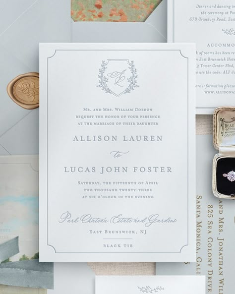 Our semi custom wedding invitations will capture the timeless elegance of your special day. Inspired by Victorian style, our invitation cards feature stunning crests, personalized wedding monograms and custom venue illustrations. This wedding invitation suite is perfect for a black tie wedding, luxury venue event, or a classic elopement ceremony.PRINTING METHODS & PAPERWe offer letterpress wedding invitations and gold foil stamped invitations as well as debossed and embossed invitations. For mor Wedding Invitation Border Design, Traditional Wedding Stationary, Classic Formal Wedding Invitations, Wedding Monogram Invitation, Wedding Stationary Suites, Elegant Black Tie Wedding Invitations, Classic Wedding Invitation Suite, Wedding Invitation Suite Ideas, Emboss Wedding Invitation