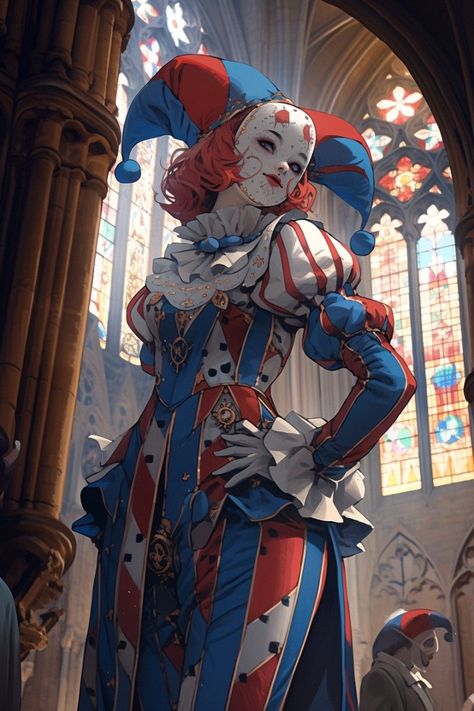 Female Jester Art, Dnd Clown, Jester Dnd, Antagonist Character Design, Ranger Rpg, Female Clown, Accel World, A Clown, Dungeons And Dragons Characters