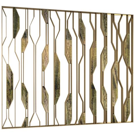 Partition wall composed in green or black marble and metal brass finishing, created by Michele Arcarese Architect together with Giovannozzi. - Insert in marble type "GREEN" or "BLACK and GOLD". - Metal frame (thickness to be defined) shaped according to the drawing with brass finishing . Vertical led lights (approximately 270cm). Wall Screen Design, Metal Partition Wall, Home Partition, Living Room Partition Wall Design, Brass Screen, Partition Wall Design, Metal Partition, Room Partition Wall, Art Deco Design Graphics