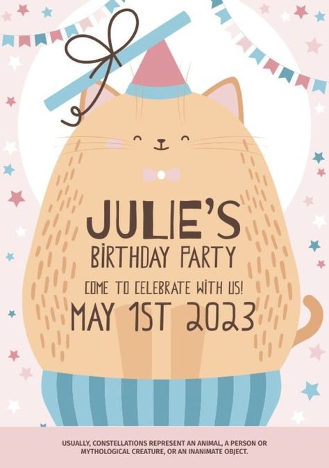 Cute Pastel Cat Birthday Party Invitation Cat Birthday Theme, Cat Themed Party, Cat Birthday Party Invitations, Cat Birthday Invitations, Pastel Cat, Cat Themed Parties, Cafe Posters, Invitation Frames, Cat Birthday Party