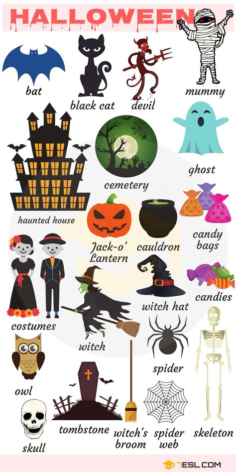 List Of Holidays, English Talk, Halloween Vocabulary, Vocabulary In English, Halloween Worksheets, Halloween Words, Learning English For Kids, Kids English, English Vocab