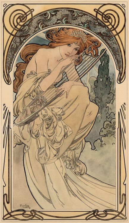 fuckyeahvintageillustration:  “  ‘Allegorie de la musique’ by Alphonse Mucha, ca. 1898.  Source  ” Lucas Museum, Alfons Maria Mucha, Art Nouveau Mucha, Motifs Art Nouveau, Illustration Art Nouveau, Alphonse Mucha Art, Design Art Nouveau, Istoria Artei, Mucha Art