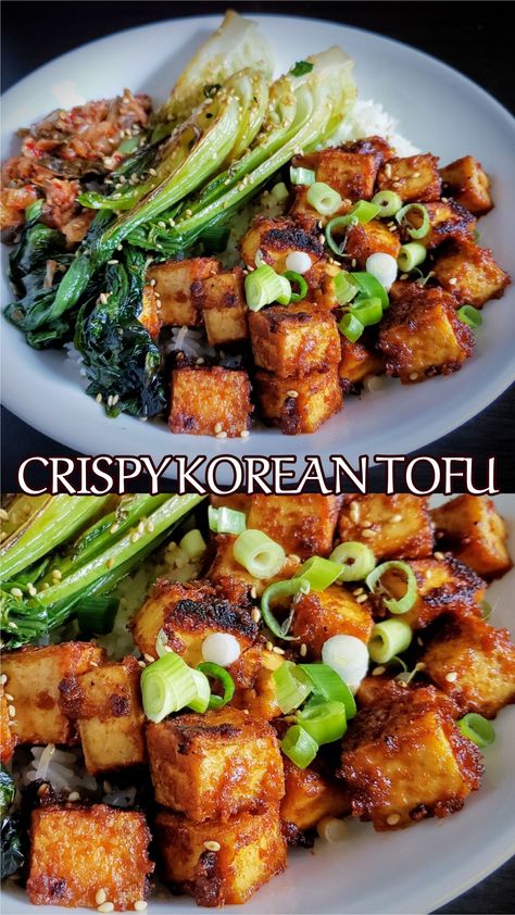 Mmmm this tasty Korean tofu is perfect when making up grain bowls. I served it over jasmine rice and accompanied by pan seared baby bok choy and vegan kimchee then sprinkled with sesame seeds and chopped scallions. Easy peasy and oh so delish. Vegan Korean Bowl, Asian Dinner Recipes Vegetarian, Tofu And Veggies Recipes, Korean Tofu Stir Fry, Korean Marinated Tofu, Sprouted Tofu Recipes, Dr Stacy Sims Recipes, Vegan Tofu Bokchoy, Crispy Korean Tofu