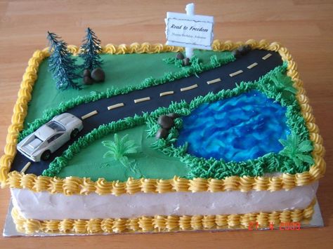 Driving Cake Sweet 16, Traffic Cake Ideas, Tractor Birthday Cakes, Road Cake, Sheet Cake Designs, Happy Anniversary Cakes, Birthday Sheet Cakes, Surprise Cake, Driving Permit