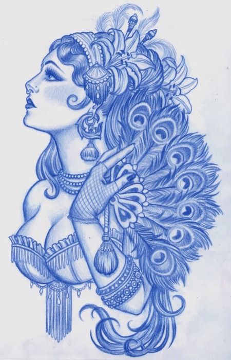 this is beautiful. gypsy girl with a peacock feather fan, I'd get five feathers if i got this to represent my five girls (catie, carlee, bonnie, reetzi, connor) Dibujos Tattoo, Kunst Tattoos, Tattoo Sketch, Desenho Tattoo, 문신 디자인, Flash Art, Trendy Tattoos, Peacock Feathers, Skin Art