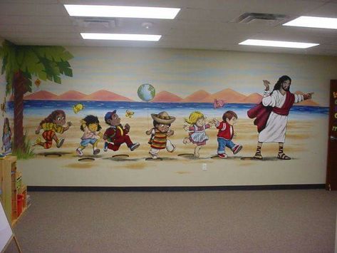 Church Mural, Sunday School Classroom Decor, Church Nursery Decor, Kids Church Rooms, Kids Church Decor, Sunday School Decorations, Sunday School Rooms, Sabbath School, Sunday School Classroom