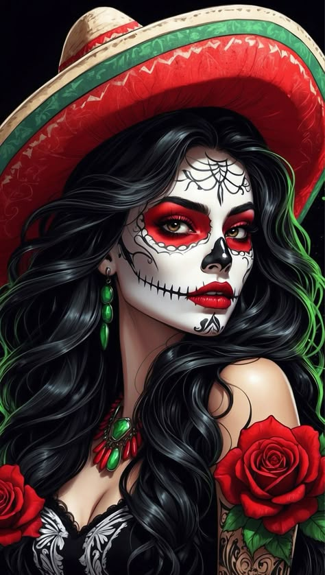 ❤️ 🤍 💚 ❤️ 🤍 💚 La Catrina Art, Day Of The Dead Wallpaper, Sugar Skull Art Painting, Sugar Skull Stencil, Sugar Skull Images, Sugar Skull Art Drawing, Day Of The Dead Woman, Mexican American Flag, Sugar Skull Drawing