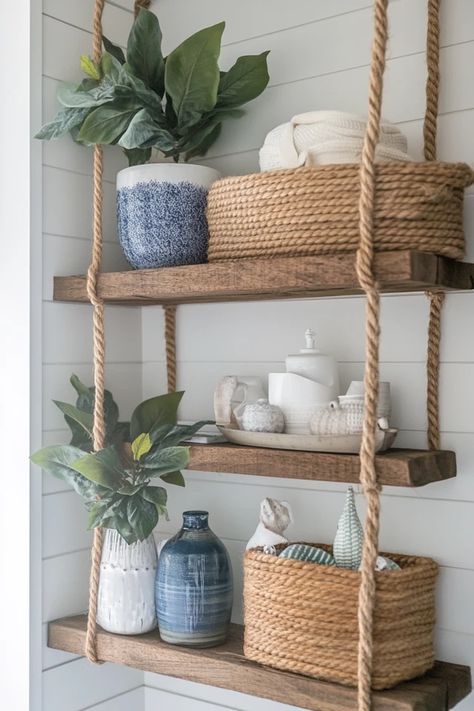 "Transform your space with stylish DIY Rope Shelving! 🛠️🌊 Ideal for creating a breezy, coastal vibe in any room. 🌿✨ #DIYShelving #CoastalInspiration #RopeDecor" Beachy Shelves, Hanging Wood Shelves, Beachy Crafts, Beach Bedroom Decor, Coastal Room, Rope Decor, Rope Shelves, Room Shelves, Beach Bedroom