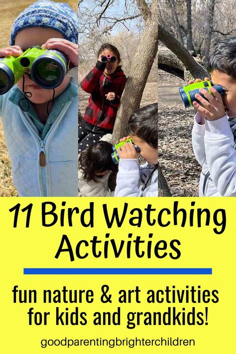 Here are 11 bird watching activities for kids & grandkids. An opportunity to learn about birds using arts & crafts, nature walks, books, games, puzzles, making bird feeders & more! Something for everyone in the family! #birdwatching #birdwatchingforkids #birdwatchingfamilies #audubonsociety #bestbirds #homeschool #artsandcrafts #artsandcratfsforkids Bird Watching Activities For Kids, Bird Crafts For Kids Easy, Bird Activities For Kids, Making Bird Feeders, Grandparent Quotes, Outside Activities For Kids, Crafts Nature, Grandparents Day Crafts, Natural Play