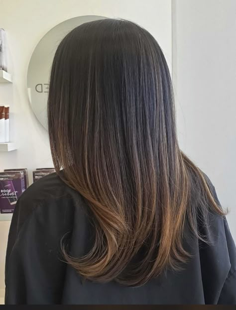 Black Hair Minimal Highlights, Highlighted Ends Of Hair Dark Brown, Highlights At The End Of Hair, Black Hair With Brown Ends, Black Hair Fade, Hair Colouring, Layered Haircuts For Medium Hair, Brown Hair Inspo, Brunette Hair With Highlights