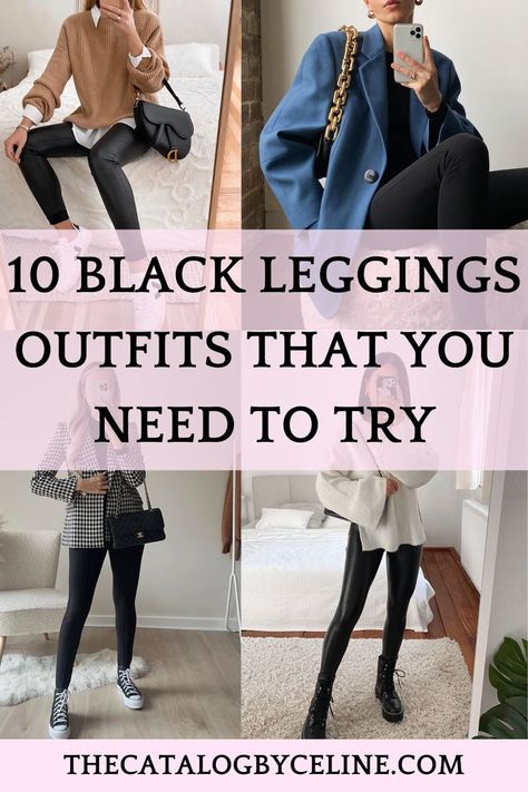 Do you want to know how to style black leggings outfits? Well look no further, these are the perfect spring outfits 2022. These black leggings style are easy and chic outfits for women that are trendy and stylish. Whether you like black leggings casual. Or simply want as stylish and chic black leggings ootd. Get inspired here! Dressy Outfits With Leggings Winter, Fall 2023 Leggings Outfits, Work Casual Leggings Outfit, Casual Black Leggings Outfit Winter, Womens Fall Leggings Outfits, Dressy Outfit With Leggings, Cute Comfy Work Outfits Winter, Dressing Up Black Leggings, Chic Black Leggings Outfit