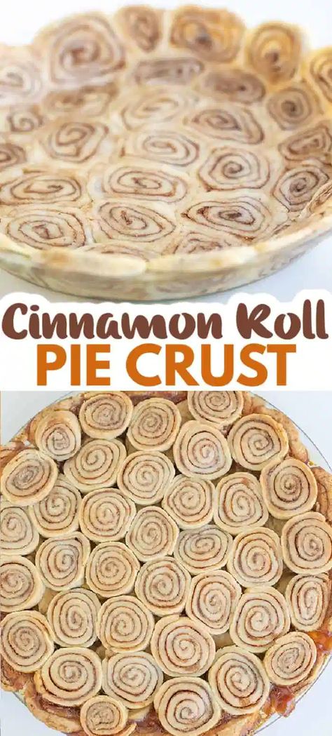 Cinnamon Roll Crust - This Cinnamon Roll Pie Crust is made with a classic pie crust that's been coated with cinnamon and sugar and rolled up like a cinnamon roll. Slice and press into a pie plate to create some delicious and beautiful swirled pie crusts! #cookiedoughandovenmitt #piecrust #recipes #dessertrecipes Cinnamon Roll Pie Crust Apple, Apple Pie Recipe Cinnamon Roll Crust, Cinnamon Roll Pie Filling, Apple Pie With Cinnamon Roll Crust Easy, Apple Pie Cinnamon Roll Crust, Cinnamon Roll Pie Cracker Barrel, Snickerdoodle Pie Crust, Crescent Roll Pie Crust, Cinnamon Roll Crust Apple Pie