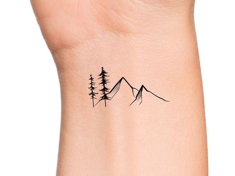 Tree With Mountain Tattoo, 3 Pine Tree Tattoo, Fine Line Pine Tree Tattoo, Tree Mountain Tattoo, Mountain Tree Tattoo, Tiny Mountain Tattoo, Pacific Northwest Tattoo, Amy Tattoo, Tree Tatto