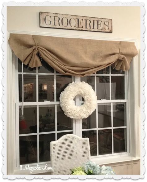 Diy Window Valance Ideas, Burlap Bedroom, Diy Window Valance, Kitchen Window Treatments Diy, Window Valance Diy, Burlap Window Treatments, Diy Valance, Valance Ideas, Valance Patterns