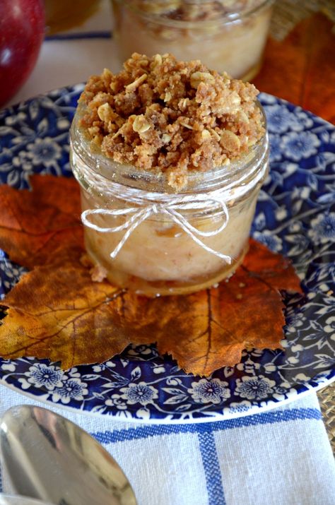 APPLE CRISP IN MASON JARS-Classic, scrumptious apple crisp in cute jars!- A very fun fall dessert-stonegableblog.com Apple Crisp Individual Mason Jars, Apple Crisp Mason Jar Desserts, Apple Crisp In A Jar, Ball Jar Desserts, Fall Mason Jar Desserts, Dessert In Jars Ideas, Jarred Desserts, Apple Pie In A Jar Recipe, Mason Jar Deserts