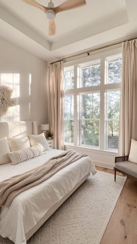 Long Window Bedroom, Large Windows In Bedroom, Bedroom Wide Window, Master Bedrooms Large Windows, Floor To Ceiling Windows Bedroom, Big Window Bedroom Master Suite, Small Bedroom Big Window, Master Bed Inbetween Windows, Bed Infront Of Window