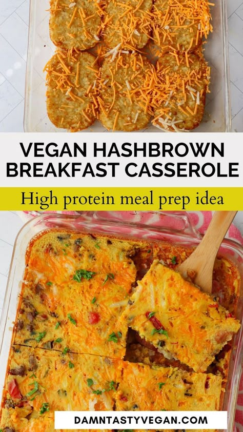 Vegan high protein breakfast casserole in a glass casserole dish with a wooden spatula. Casserole High Protein, Savory Vegan Breakfast, High Protein Vegetarian Breakfast, Vegan Freezer Meals, Vegetarian Breakfast Casserole, High Protein Vegan Breakfast, Vegan Breakfast Casserole, Vegan Brunch Recipes, Hashbrown Breakfast Casserole