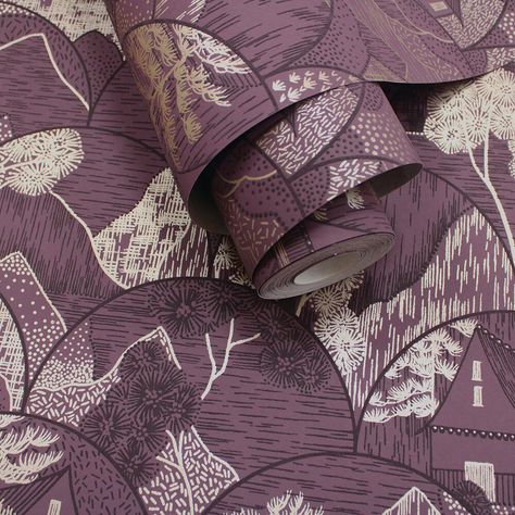 Petal like circle shapes with cameos of Oriental scenery  created with a lightly textured effect and metallic ink detail. Shown in the Plum with platinum colourway. Plum Accent Wall, Lantern Wallpaper, Plum Wallpaper, Albany Wallpaper, Hallway Wallpaper, Paint Color Chart, Dining Room Wallpaper, Mini Moderns, Hall Bathroom