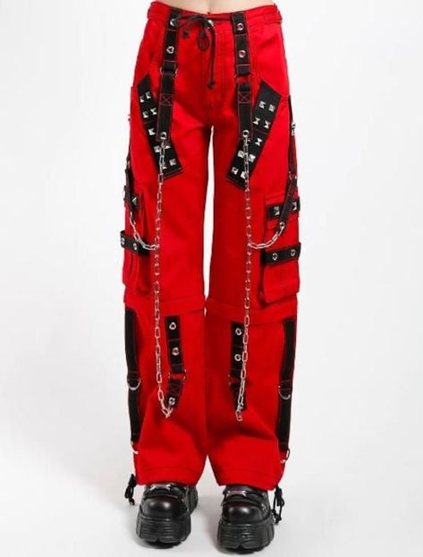 Handmade Gothic Chrome Red Trousers Punk Studs Chain Black Cotton Pant * Made of Cotton * 2 front, 2 rear and 2 Side Pockets  * Opening with Button and Zipper  * Buckle Strap arounf legs  * Having Zip and Chain Details Red Punk Outfits, Red Jumpsuits Outfit, Red And Black Fashion, Punk Christmas, Punk Studs, Gender Neutral Outfit, Black Leather Outfit, Tripp Pants, Red Hair Men