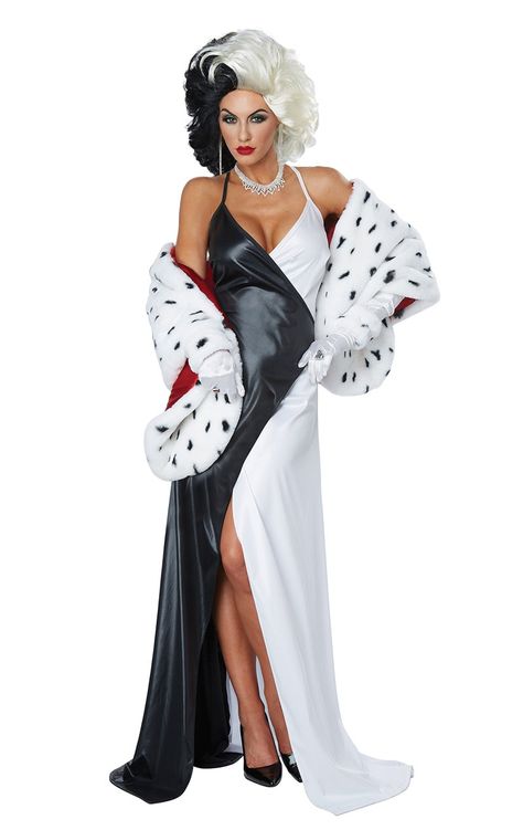 Womens Cruel Diva Costume - Fancydress.com Dalmatian Costume, Cruella Costume, California Costumes, Disney Theme Party, Faux Fur Stole, Dark Disney, Fantasias Halloween, 101 Dalmatians, Halloween Event