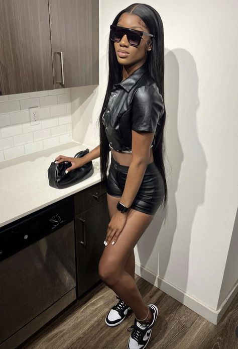 Leather Shorts And Body Suit, Faux Leather Two Piece Outfit, Leather Two Piece Outfits Skirt, Leather Shorts And Mesh Top, Brown Leather Set Outfit, Black Leather 2 Piece Outfit Shorts, Two Piece Outfits Skirt, Leather Shorts Outfit, Two Piece Outfits Shorts