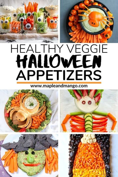 Looking for an easy Halloween appetizer, fun veggie tray idea for a Halloween party or healthy Halloween snack or side dish? Then check out this super easy Monster Halloween Veggie Tray (plus more fun ideas!). It transforms regular veggies and dip into a spooky and cute Halloween veggie platter that is kid friendly and perfect for parties! | www.mapleandmango.com Halloween Veggie Pizza Ideas, Halloween Party Food Veggie Tray, Halloween Inspired Veggie Tray, Pumpkin Veggie Tray Ideas, Easy Halloween Fruit Tray, Halloween Vegi Tray, Veggie Pizza Halloween, Halloween Snacks Vegetables, Veggies For Halloween Party