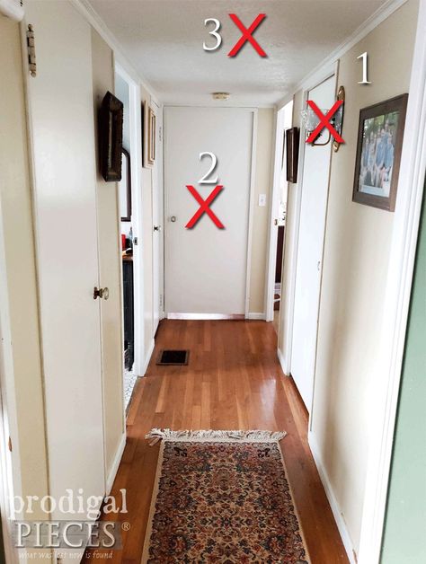 Long Hallway With Door At End, Hallway Decorating Door At End, Hallway With Doors Decor, Trim Hollow Core Door, Narrow Hallway With Door At The End, Hallway With A Lot Of Doors, Narrow Hallway With Doors, Hallway Doors Painted Different Colors, Too Many Doors In Hallway