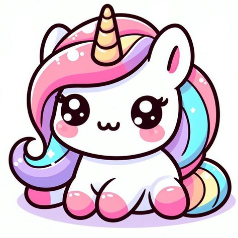 Unicorn Cute Drawing, Kawaii Unicorn Drawing, Unicorn Drawing Easy, Cute Unicorn Drawing, Drawing Unicorn, Cute Kawaii Unicorn, Chibi Unicorn, Unicorn Template, Griffonnages Kawaii