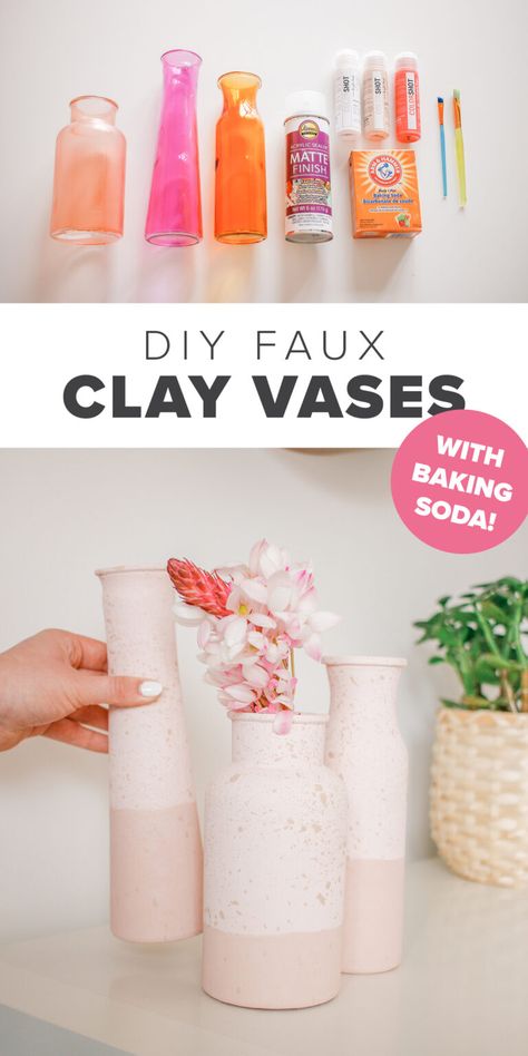 DIY Faux Clay Vases with Baking Soda That Look Store Bought! Painting Vases Diy Ideas, Ceramic Vases Diy, Diy Crafts Vases, Baking Soda Clay, Diy Painted Vases, Clay Vases, Hanging Craft Ideas, Clay Candle, Hanging Craft