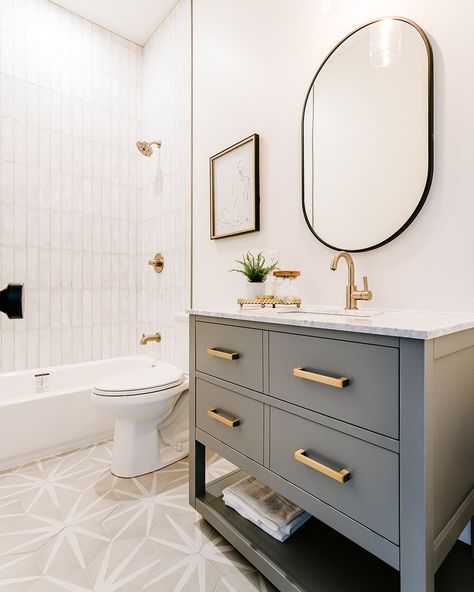 Gilpin Street - Sagewood Interiors | Denver Home Staging Grey Bathroom Vanity Gold Hardware, Gray White And Gold Bathroom, Small Full Bathroom Ideas Modern, Colored Tile Bathroom, Hallway Bathroom Ideas, Transitional Small Bathroom, Patterned Tile Bathroom, Makeover Kamar Mandi, Guest Bathroom Renovation