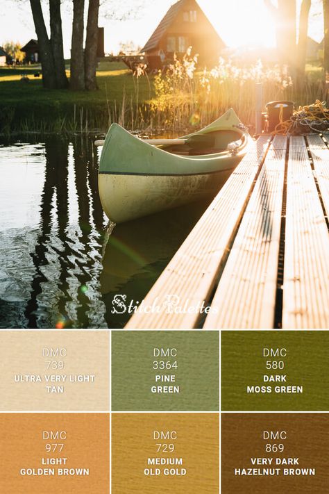 Color palette for embroidery with thread codes for the the following floss colors: Dark Moss Green, Pine Green, Ultra Very Light Tan, Light Golden Brown, Medium Old Gold, Very Dark Hazelnut Brown. DMC, Anchor and Cosmo thread conversions also provided. Palette title/ID: Green Boat On Dock • SPA0671 Pea Soup Green Color Palette, Moss Green And Gold Color Palette, Brown Green Gold Color Palette, Color Palette Moss Green, Moss Colour Palette, Colors That Go With Moss Green, Moss Green Colour Palette, Moss Green Palette, Tan Green Color Palette