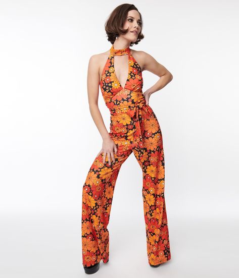 Retro & Vintage Smak Parlour Pumpkin Mod Floral Glamour Goddess Jumpsuit | Unique Vintage Halloween 70s Jumpsuit Outfit, Jumpsuit 70s, Mint Outfit, 70s Jumpsuit, Disco Jumpsuit, Spring Floral Prints, 1960s Outfits, Floral Print Jumpsuit, Plus Size Romper