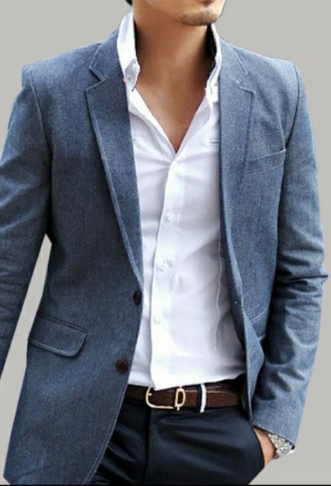 Nice Look☆Style Mens Blue Blazer Outfit, Masculine Contemporary, Blue Blazer Outfit, Blue Blazer Men, Sartorial Style, Suits Formal, Casual Suit Jacket, Lookbook Inspiration, Mens Fashion Blazer