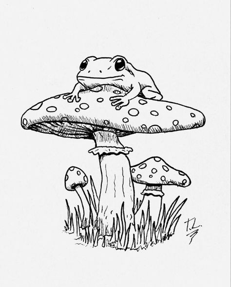 #CoolTattoos #TattooArt #InkMaster #TattooDesigns #InkedUp #TattooLovers #InkInspiration #TattooIdeas #CreativeInk #TattooStyle Easy Frogs To Draw, Frog Line Drawing Simple, Frog Under Mushroom Drawing, Mushrooms Line Art, Frog Sitting On Mushroom Tattoo, Frog Drawing Black And White, Frog On A Mushroom Drawing, Frog Sitting On Mushroom Drawing, Mushroom Colouring Pages