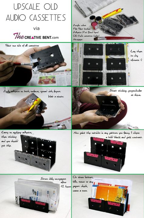 Recycling old audio cassettes ideas, DIY newspaper holder http://thecreativebent.com/easy-diy-recycling-old-audio-cassette-tapes/ Cassette Crafts, Vhs Upcycling, Vhs Ideas, Vhs Crafts, Cassette Tape Crafts, Cassette Tape Art, Old Cassette, Recycled Cds, Blood On The Dance Floor