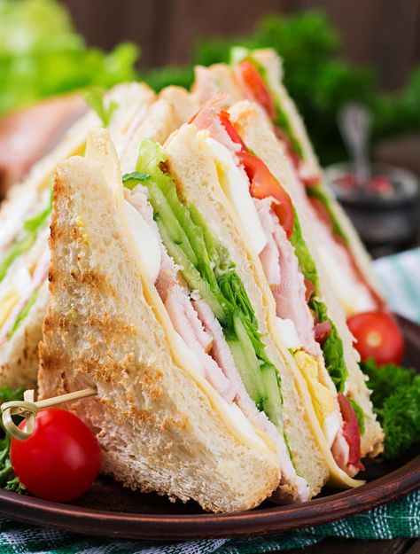 Photo about Club sandwich with cheese, cucumber, tomato, ham and eggs. Image of food, freshness, green - 67133756 Club Sandwich Photography, Silog Meals, Lettuce Sandwich, Boiled Ham, Eggs Image, Open Faced Sandwich, Ham And Eggs, Egg Sandwiches, Club Sandwich