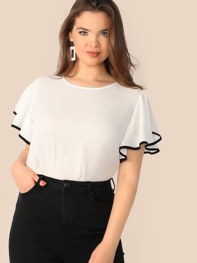 Plus Contrast Binding Flutter Sleeve Top | SHEIN Ruffle Top Blouses, Butterfly Sleeve Blouse, Blouse Plus Size, Butterfly Sleeve, Flutter Sleeve Top, Butterfly Sleeves, Plus Size Blouses, Ruffle Top, Plus Size Tops