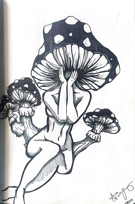 black and white ink psychedelic mushroom headed woman drawing Goth Mushroom Drawing, Drawings Mushroom Fairy, Mushroom Tattoo Black And White, Unique Mushroom Drawing, Trippy Mushrooms Drawing, Ink Drawing People, Mushroom Circle Drawing, Mushroom Woman Drawing, Mushroom Ink Drawing