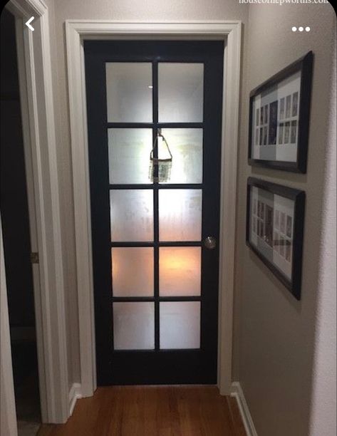 Frosted Glass French Doors Interior, Frosted Glass Bedroom Door, Black Glass Panel Door, Black Interior Doors With Glass Panels, Pantry Door Frosted Window, Interior Door With Frosted Glass Panel, Glass Bedroom Door Privacy, Frosted French Doors Interior, Door Contact Paper