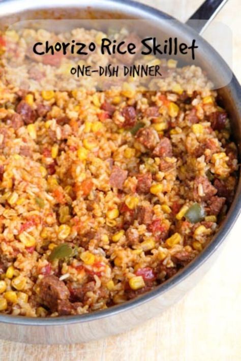 Chorizo Rice Skillet Dinner - $5 Dinners | Recipes, Meal Plans, Coupons Chorizo Recipes Dinner, Chorizo Rice, Rice Skillet, Chorizo Recipes, Beef Rice, Cuban Food, Dominican Food, Rican Food, Caribbean Food