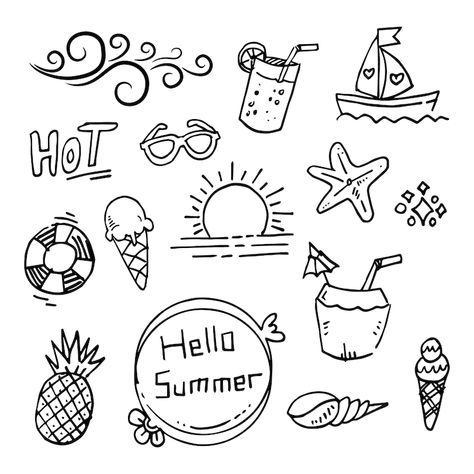 Premium Vector | Set doodle summer vector illustration Summer Bujo, Doodles Summer, Work Doodles, Summer Doodles, Notebook Therapy, Marker Coloring, Summer Umbrella, Sand Bucket, Summer Vector