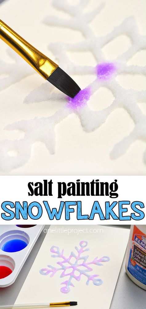 Glue Salt Painting, Salt Painted Snowflakes, Salt Painting Snowflakes, Magic Salt And Watercolor Snowflake, Salt Water Painting For Kids, Christmas Salt Painting For Kids, Salt Glue And Watercolor Painting, Making Snowflakes With Kids, Glue And Salt Painting