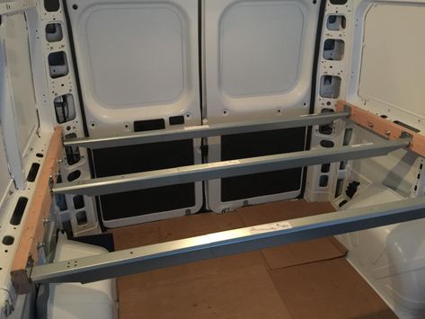 Elevated bed platform using Ikea Skorva steel beams from Ikea (intro post) | Ram Promaster Forum Elevated Bed Platform, Motorhome Inspiration, Van Conversion Plans, Van Fitout, Van Renovation, Omgebouwde Bus, Campervan Build, Promaster Camper Van, Van Builds