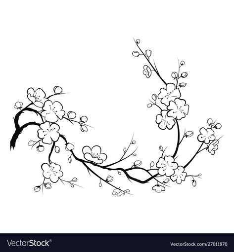 Flower Tree Drawing, Cherry Tree Drawing, Cherry Blossom Outline, Blossoms Tattoo, Embroidery Sketch, Spring Logo, Cherry Blossom Drawing, Sakura Branch, Blossom Tree Tattoo