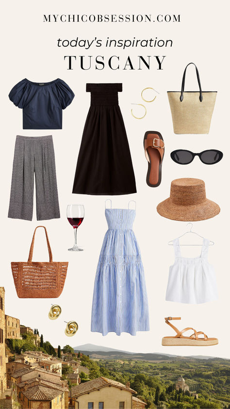 Summer outfit inspiration from Tuscany, a region in Italy known for its rolling hills, picturesque views, medieval towns and world-famous wines. Linen, long dresses, straw accents and gold jewelry are the perfect way to dress for an afternoon strolling the vineyards. Chic Summer Vacation Outfits, Summer In Florence Outfits, Tuscany Vineyard Outfit, Summer In Tuscany Outfit, Italy May Outfit, Florence Outfits Summer, Tuscany Outfit Summer, Italian Spring Outfits, Tuscany Italy Outfits